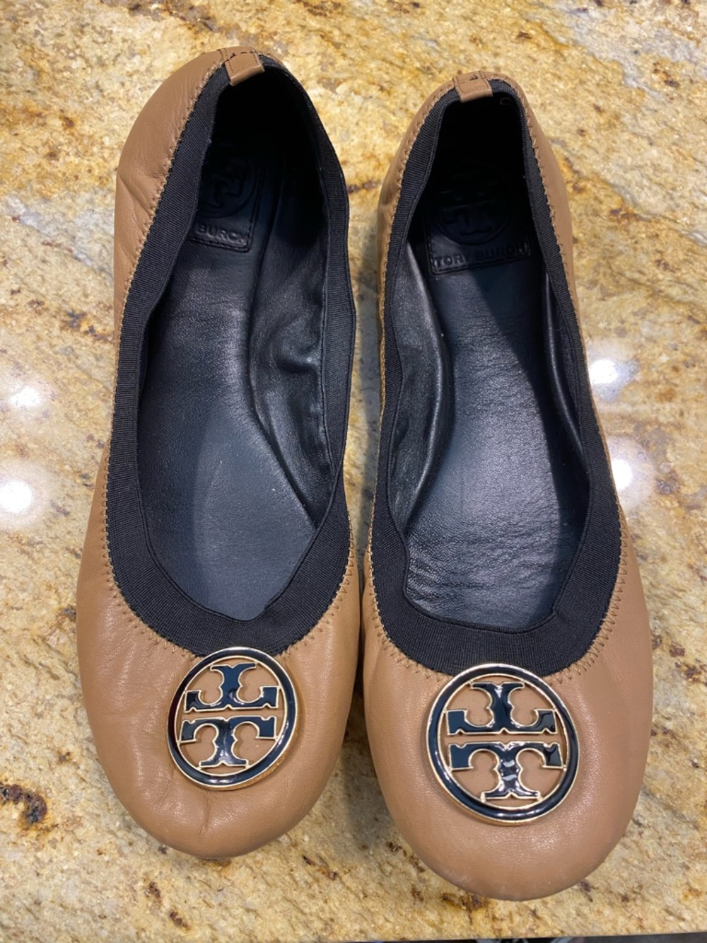 Tory Burch Caramel Leather Logo Ballet Flats